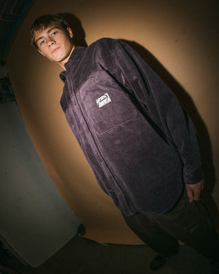 Man wearing Cobra Over Shirt in Purple Ash