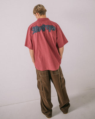 Man wearing Ransom Check Short Sleeve Shirt in Burgundy
