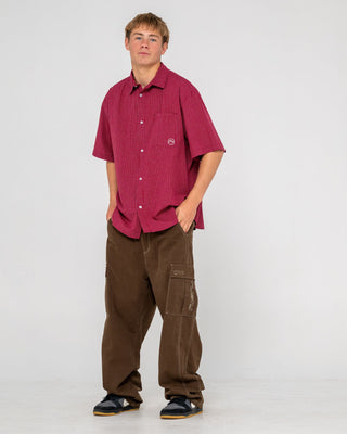 Man wearing Ransom Check Short Sleeve Shirt in Burgundy