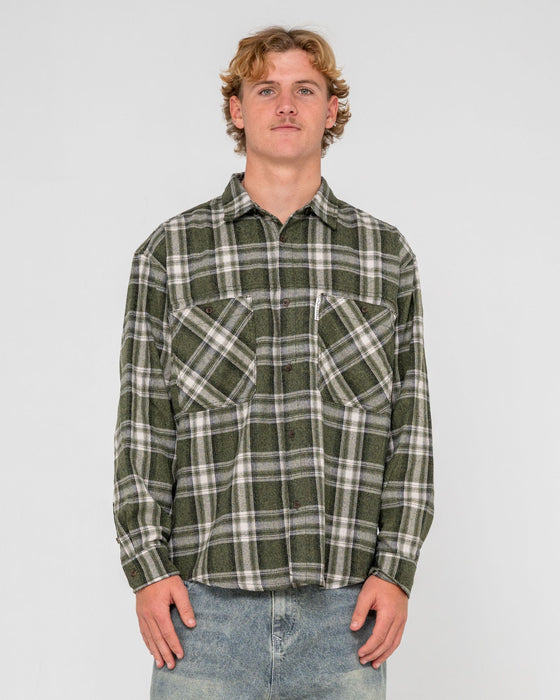 man-wearing-cobra-flannel-long-sleeve-shirt-in-army-green