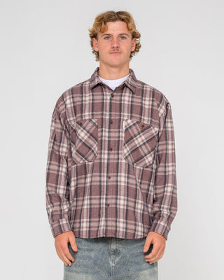Man wearing Cobra Flannel Long Sleeve Shirt in Purple Ash