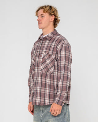 Man wearing Cobra Flannel Long Sleeve Shirt in Purple Ash