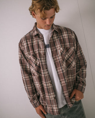 Man wearing Cobra Flannel Long Sleeve Shirt in Purple Ash