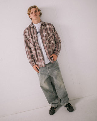 Man wearing Cobra Flannel Long Sleeve Shirt in Purple Ash