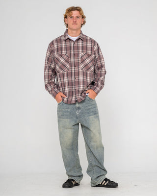 Man wearing Cobra Flannel Long Sleeve Shirt in Purple Ash