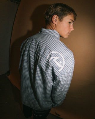 Man wearing Cooper Mini Check Long Sleeve Shirt in Smoke Blue