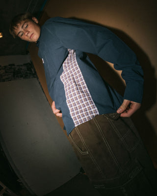 Man wearing Northpoint Plaid Panel L/S Shirt in Navy Blue