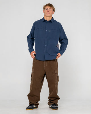 Man wearing Northpoint Plaid Panel L/S Shirt in Navy Blue