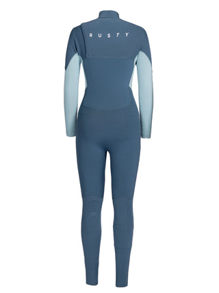 Women wearing A Series Ecoprene 3/2 Chest Zip Long Sleeve Steamer Wetsuit in Crystal Blue