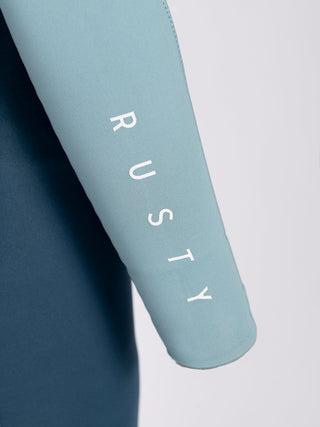 Women wearing A Series Ecoprene 3/2 Chest Zip Long Sleeve Steamer Wetsuit in Crystal Blue