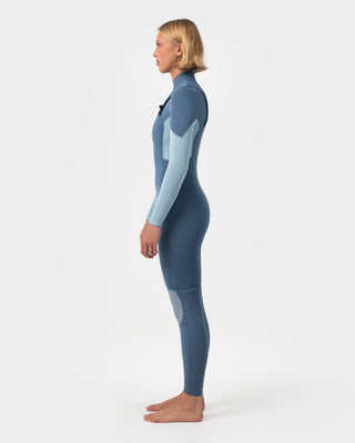 Women wearing A Series Ecoprene 3/2 Chest Zip Long Sleeve Steamer Wetsuit in Crystal Blue