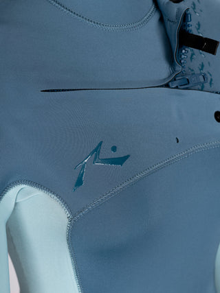Women wearing A Series Ecoprene 3/2 Chest Zip Long Sleeve Steamer Wetsuit in Crystal Blue