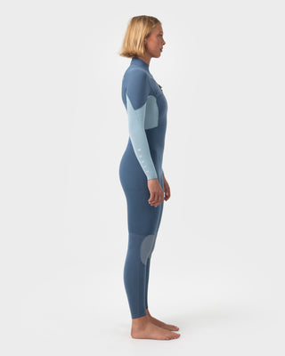 Women wearing A Series Ecoprene 3/2 Chest Zip Long Sleeve Steamer Wetsuit in Crystal Blue