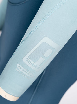 Women wearing A Series Ecoprene 3/2 Chest Zip Long Sleeve Steamer Wetsuit in Crystal Blue
