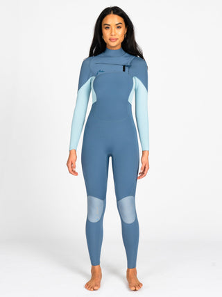 Women wearing A Series Ecoprene 3/2 Chest Zip Long Sleeve Steamer Wetsuit in Crystal Blue