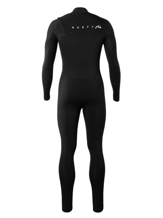 man wearing  wearing A Series Ecoprene 3/2 Chest Zip Long Sleeve Steamer Wetsuit in Black