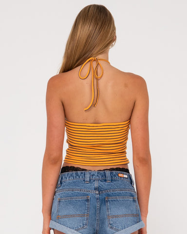 Woman wearing Emma Ring Skimmer Top in Persimmon Orange