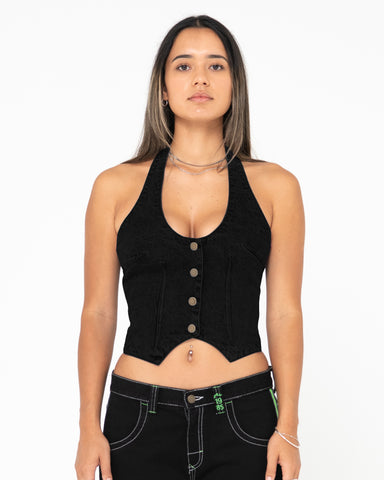 Woman wearing Flip Mommy Tapeless Halter Neck Vest in Black Out