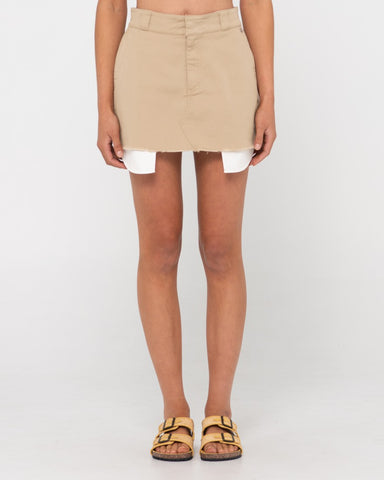 Woman wearing Bobbi Mini Skirt in Oatmilk