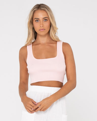 Woman wearing Charis Ribbed Cami in Pastel Pink