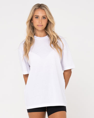 Woman wearing Blanks Oversized Fit Tee in White