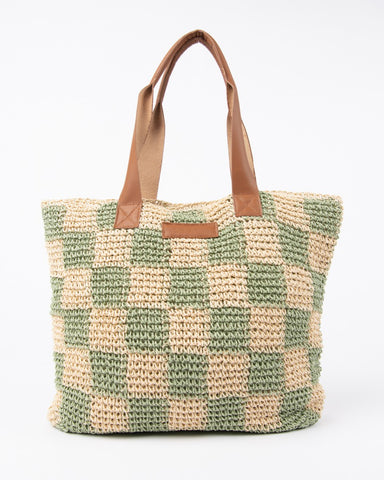 Womans Checkmate Straw Beach Bag in Natural / Mint