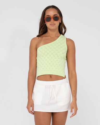 Woman wearing Leo One Shoulder Knit Top in Lime