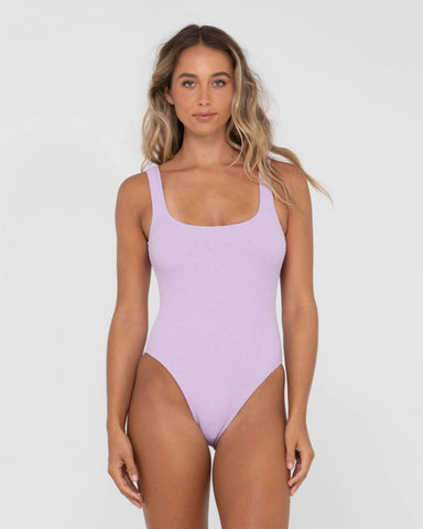 Woman wearing Sandalwood Retro One Piece in Muted Lavender