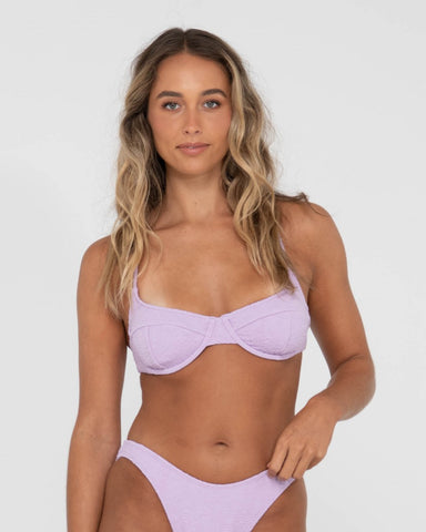 Woman wearing Sandalwood Balconette Bikini Top in Muted Lavender