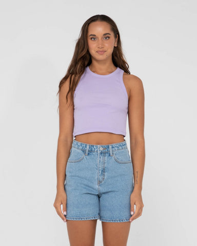 Woman wearing Blanks Racer Tank in Muted Lavender