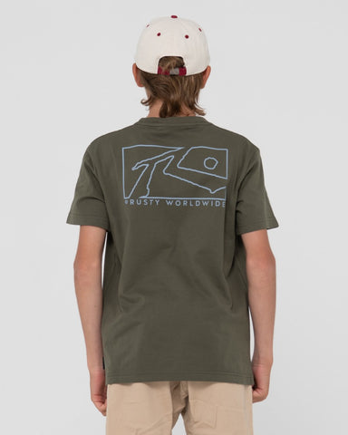 Boy wearing Boxed Out Short Sleeve Tee Boys in Rifle Green