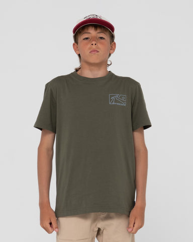Boy wearing Boxed Out Short Sleeve Tee Boys in Rifle Green