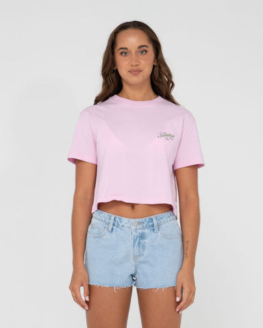 Woman wearing Sweetest Thing Relaxed Fit Crop Tee in Pink Diamond