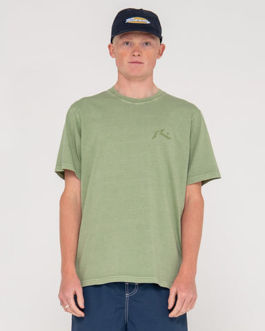 Man wearing Comp Wash Short Sleeve Tee in Army Green