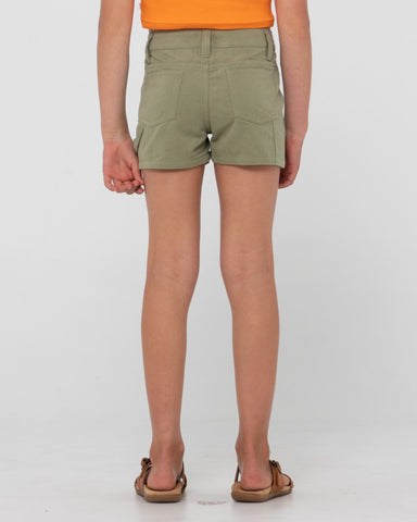 Girl wearing New Look Mid Rise Carpenter Short Girls in Leaf Green