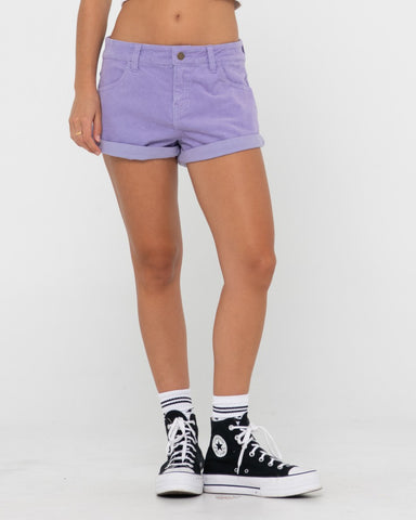 Woman wearing Its No Secret Cord Short in Muted Lavender