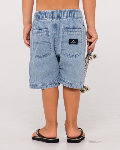 Boy wearing Manila Folder Denim Elastic Short Runts in Ash Blue
