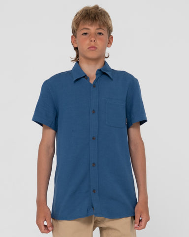 Boy wearing Overtone Short Sleeve Linen Shirt Boys in Bright Cobalt