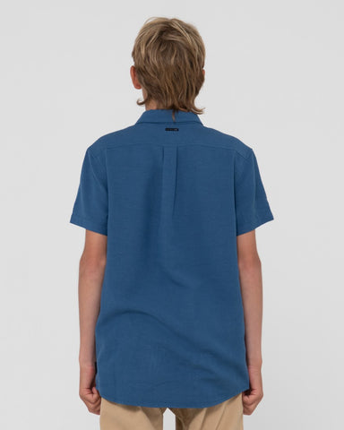 Boy wearing Overtone Short Sleeve Linen Shirt Boys in Bright Cobalt