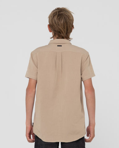 Boy wearing Overtone Short Sleeve Linen Shirt Boys in Light Khaki