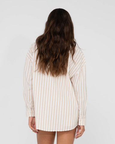 Woman wearing Mackenzie Oversize Long Sleeve Shirt in Oatmeal