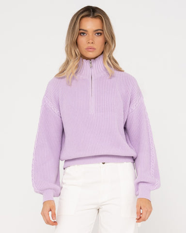 Woman wearing Iris Half Zip Knit in Lavender