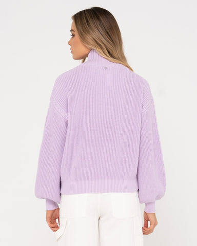 Woman wearing Iris Half Zip Knit in Lavender