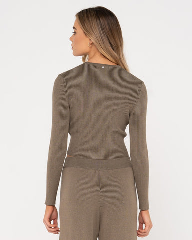 Woman wearing Solace Long Sleeve Knitted Top in Olive Green