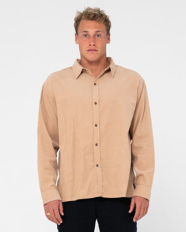 Man wearing Micro Lite Cord Ls Shirt in Light Khaki