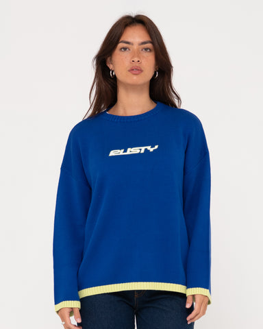 Woman wearing Rider Relaxed Crew Neck Knit in Blue Sapphire