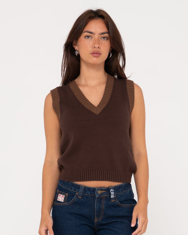 Woman wearing Nero Sleeveless Knit Vest in Tuscan Brown