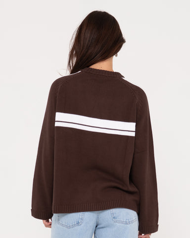 Woman wearing White Lines Long Sleeve Crew Neck Knit in Cappuccino
