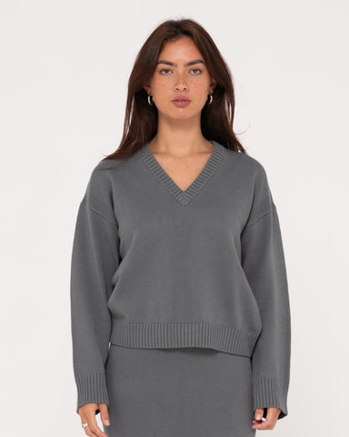 Woman wearing Margot Relaxed Fit Vee Neck in Grey Cloud