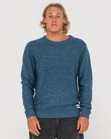 Man wearing Skyliner Crew Neck Knit in China Blue